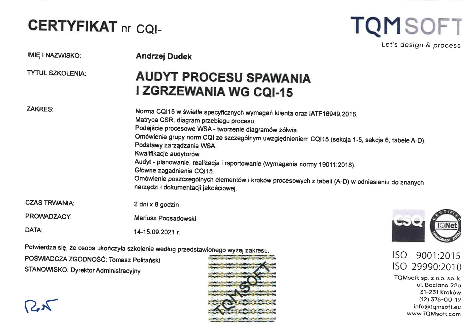 CQI-15 Certificate