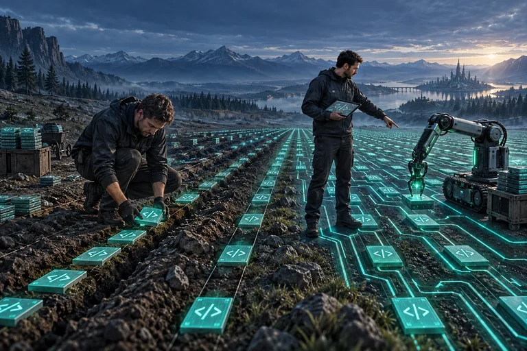 A field of code: on the left, a person arranges elements by hand; on the right, a person with a plan on a tablet directs a mechanical AI tool.