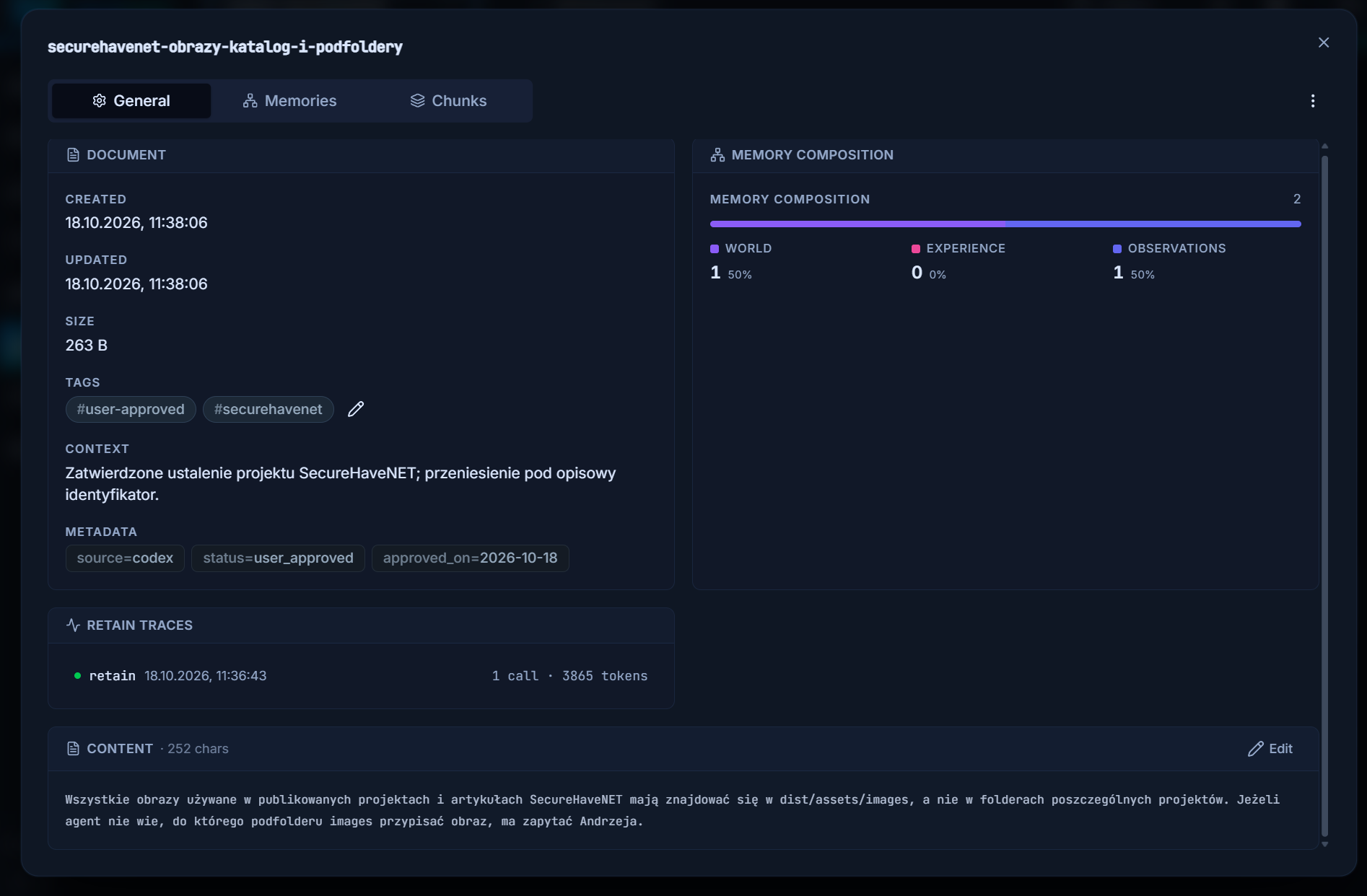 Dokument w Hindsight z zatwierdzoną zasadą przechowywania obrazów