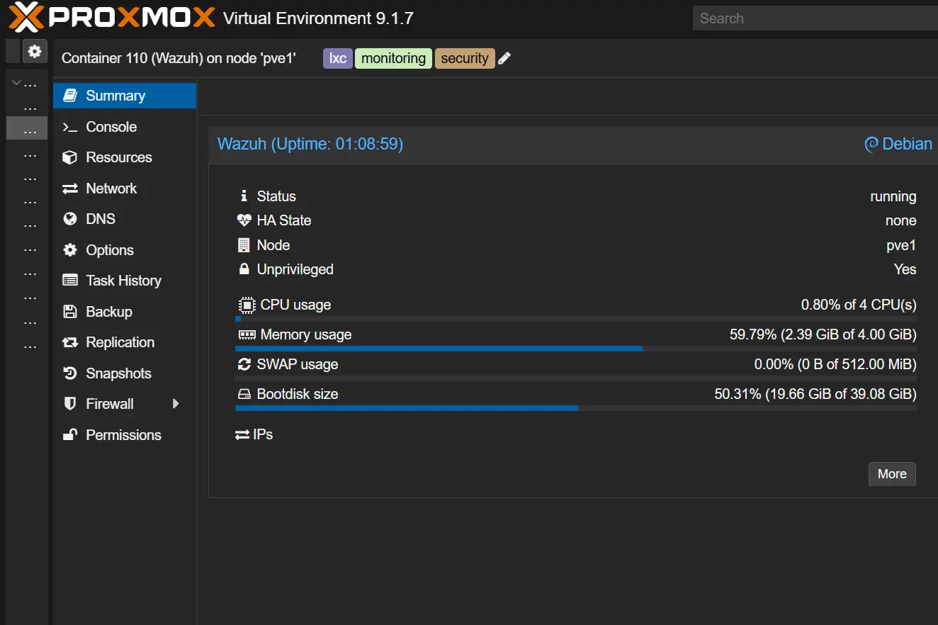 Wazuh uruchomiony jako maszyna wirtualna w środowisku Proxmox