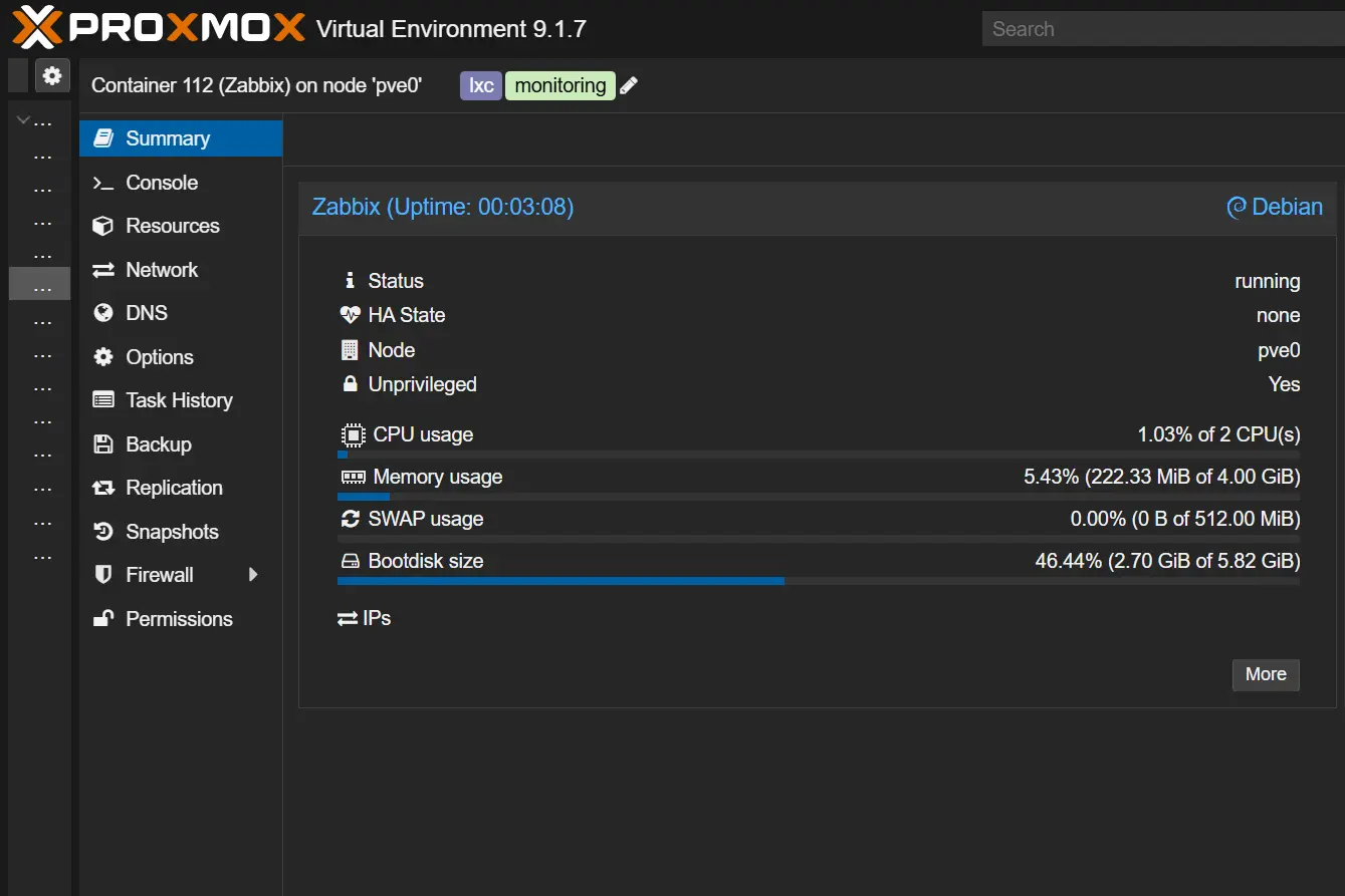 Zabbix jako kontener LXC w Proxmox