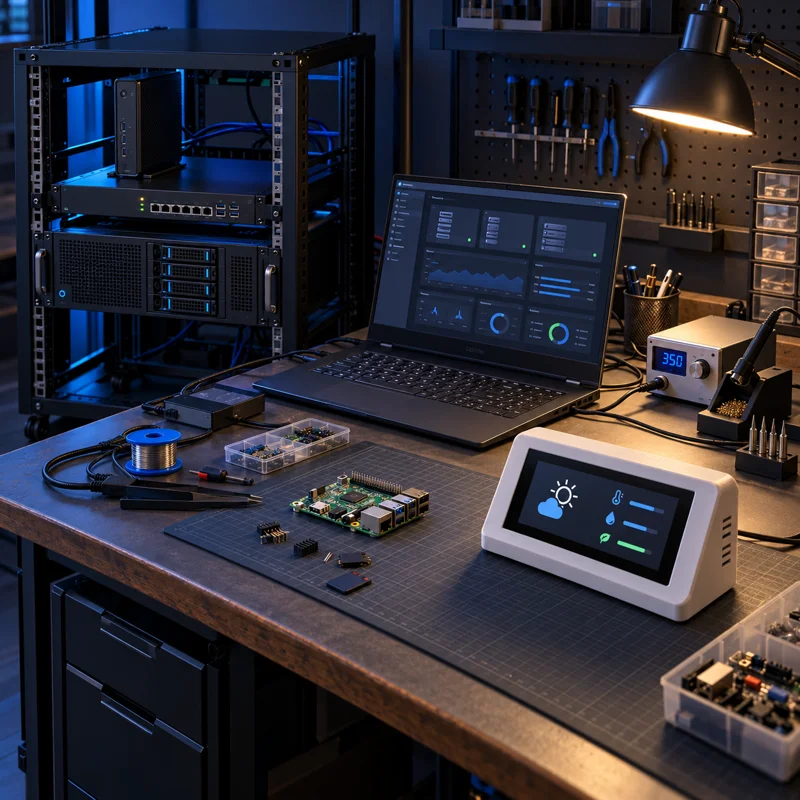 Conceptual illustration of a compact server rack and electronics workbench with a laptop, soldering station and OT/IoT panel